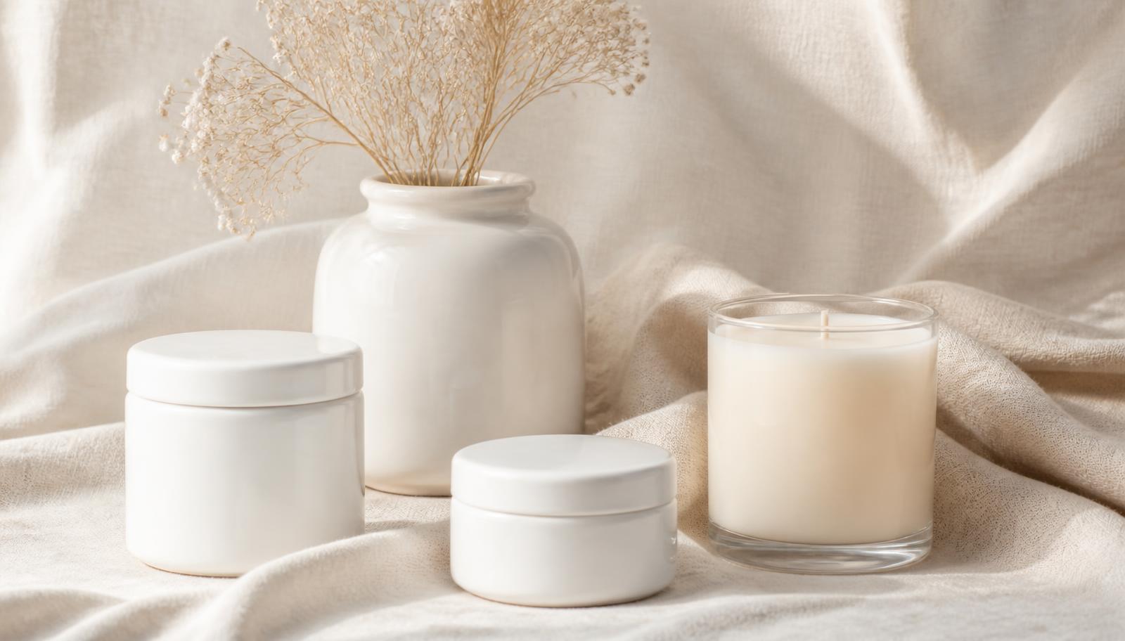 Plain unscented jars and a fragrance-free candle on cream linen